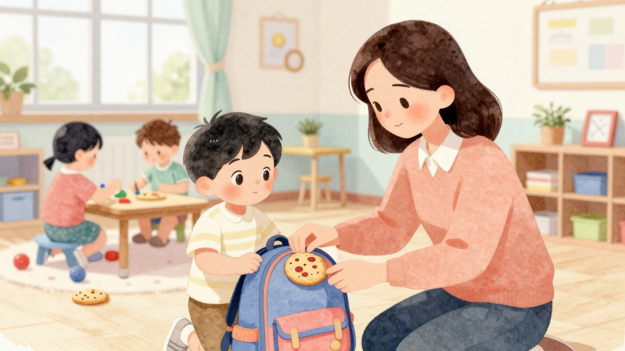 Воспитатель забирает печенье из рюкзака ребенка в детском саду.