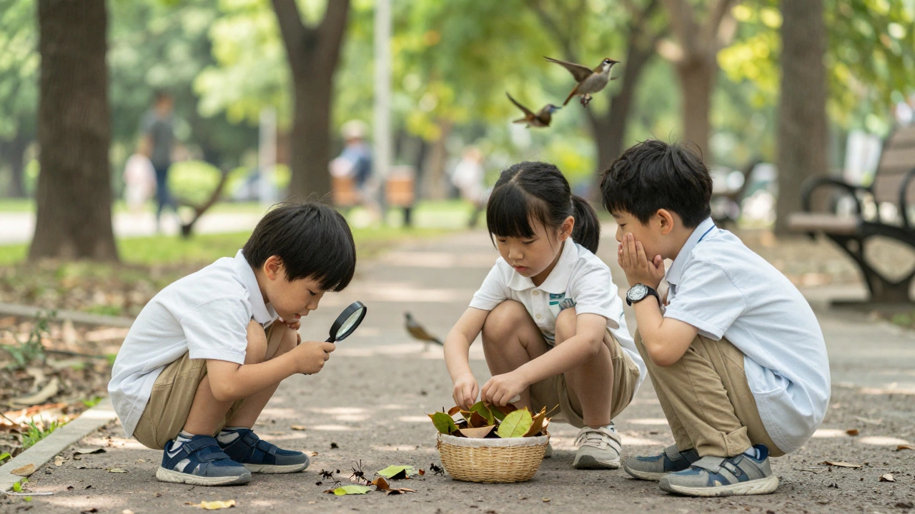 Дети в парке наблюдают за муравьями и собирают листья на прогулке.