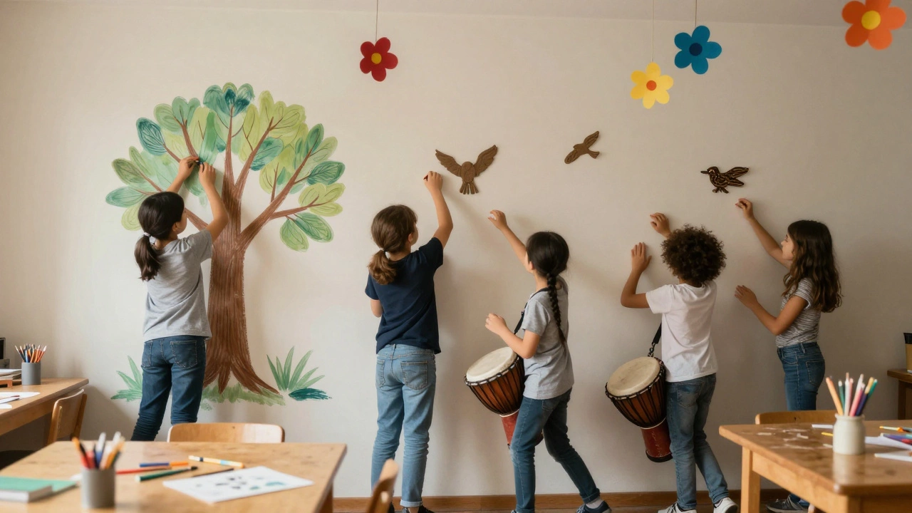 Дети вместе создают большую настенную картину, один играет на барабане, другие рисуют и лепят.