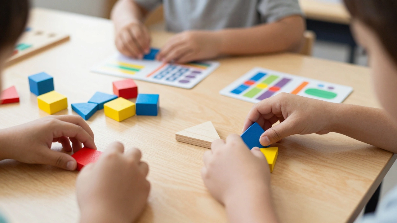 Детские руки собирают конструктор и пазлы за столом на занятиях