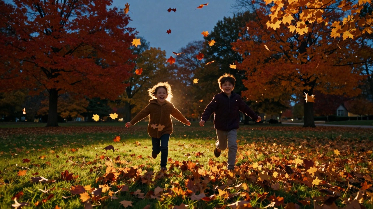 Два ребенка весело играют листьями на осенней прогулке в парке