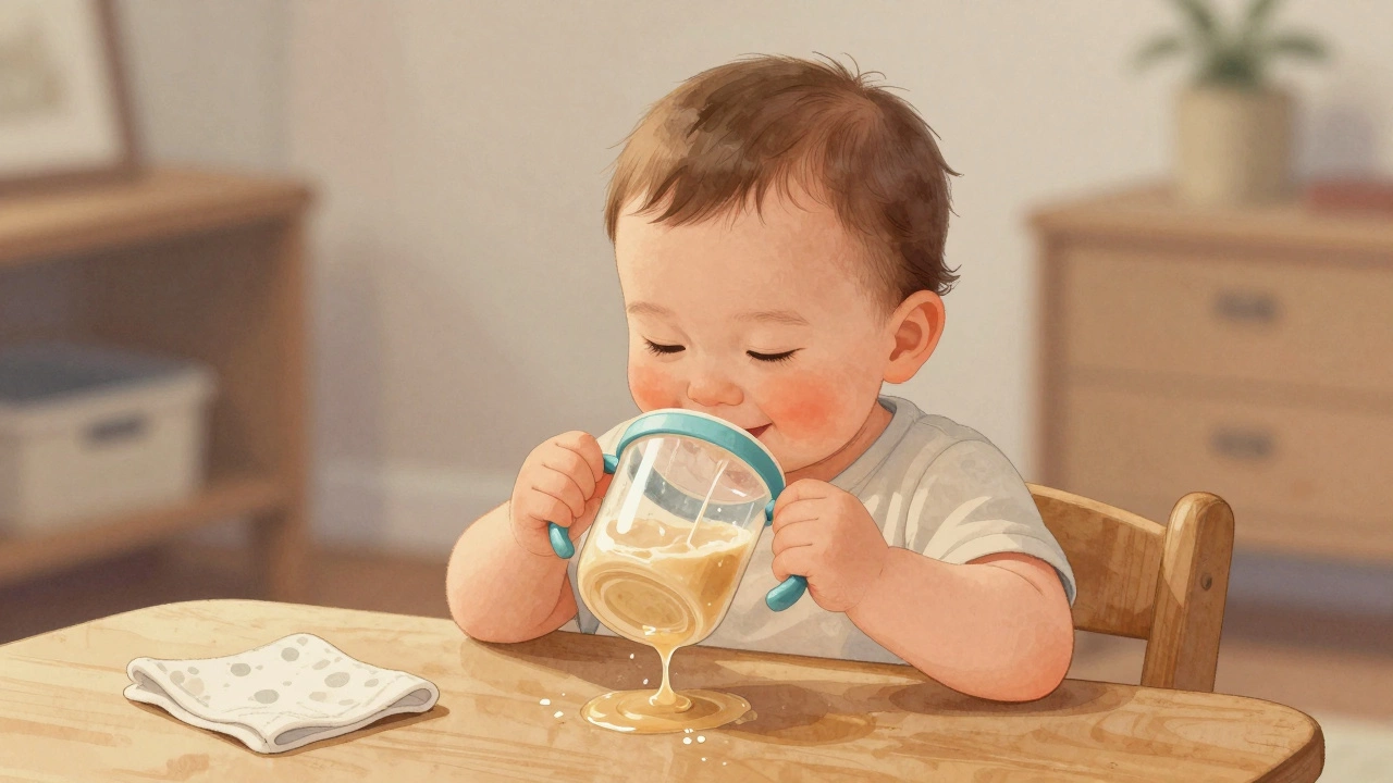 Двухлетний ребёнок пьёт из открытой кружки, жидкость льётся на стол — часть процесса обучения.