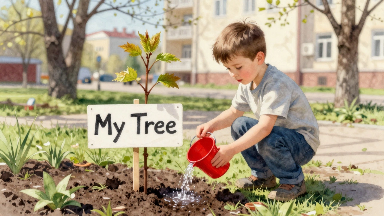 Мальчик поливает маленькое деревце в парке, за ним — листья и тонкие стволы, начинающие расти.