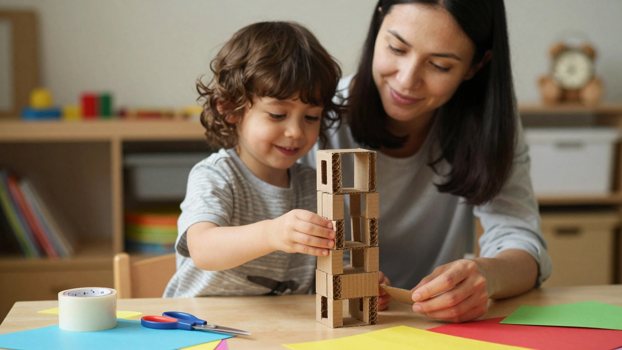 Мама и ребенок вместе строят башню из картона в тихом уголке детского сада.