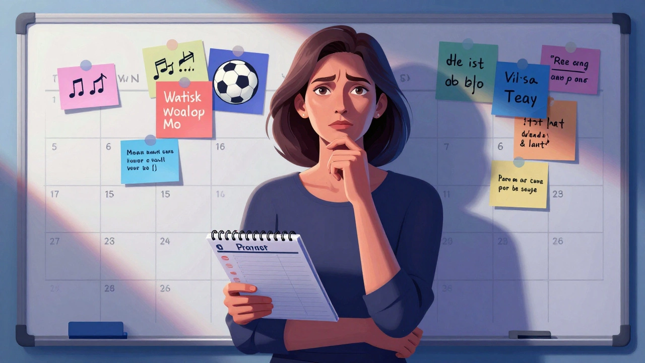 Мама разглядывает план секций ребенка с задумчивым выражением лица