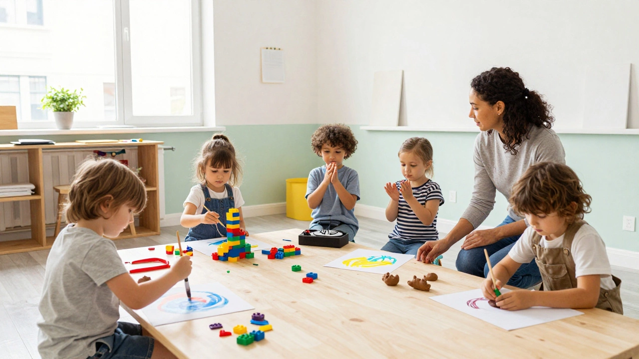 Пять детей в возрасте 3–5 лет занимаются разными творческими активностями в уютной студии