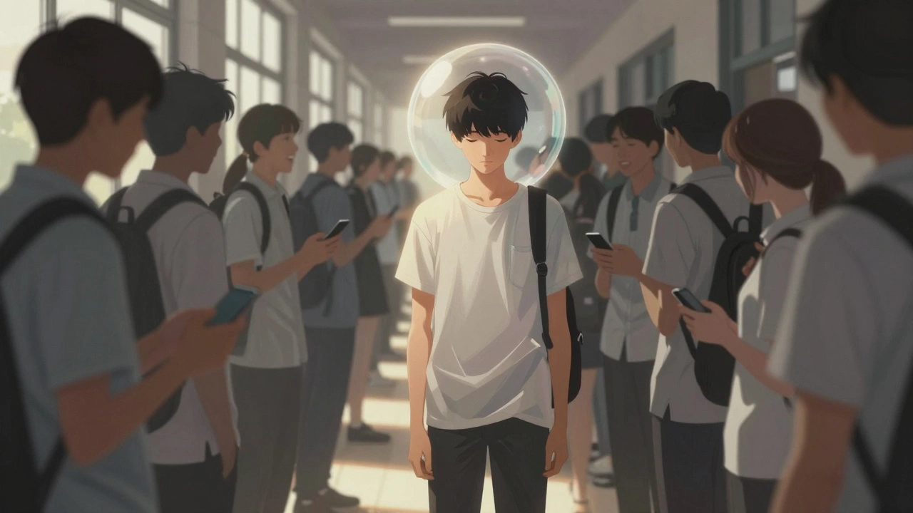 Подросток стоит в толпе одноклассников, но чувствует себя одиноким в центре шума.