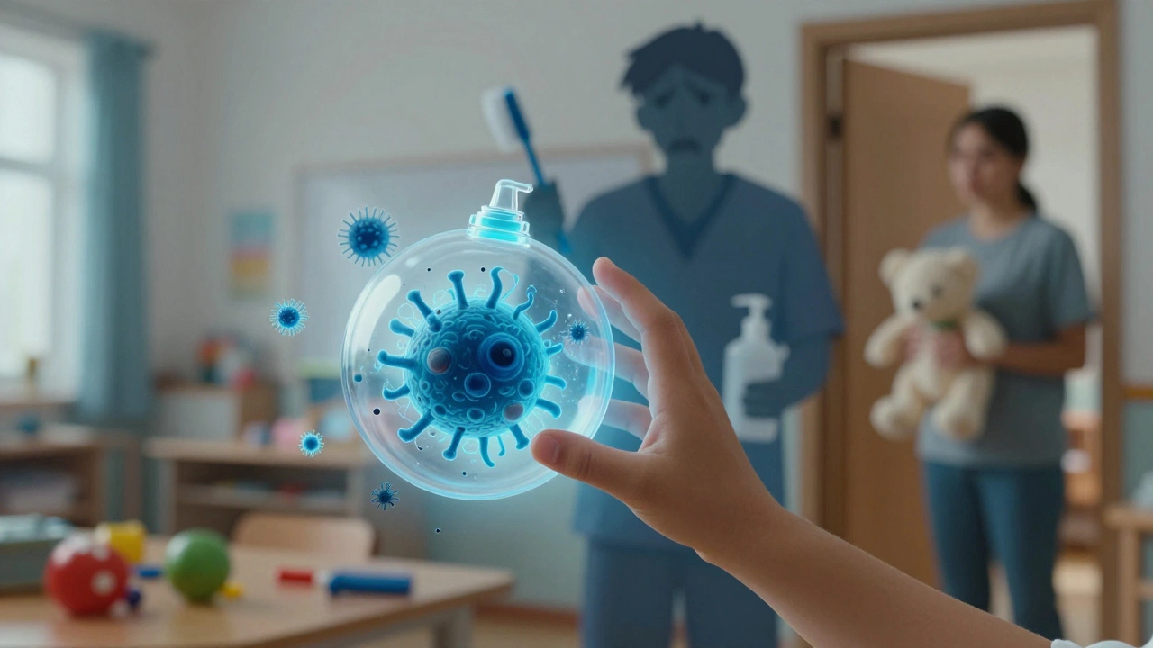 Прозрачная игрушка с видимыми бактериями, рядом — воспитатель с чистящими средствами и родитель с одной чистой игрушкой.