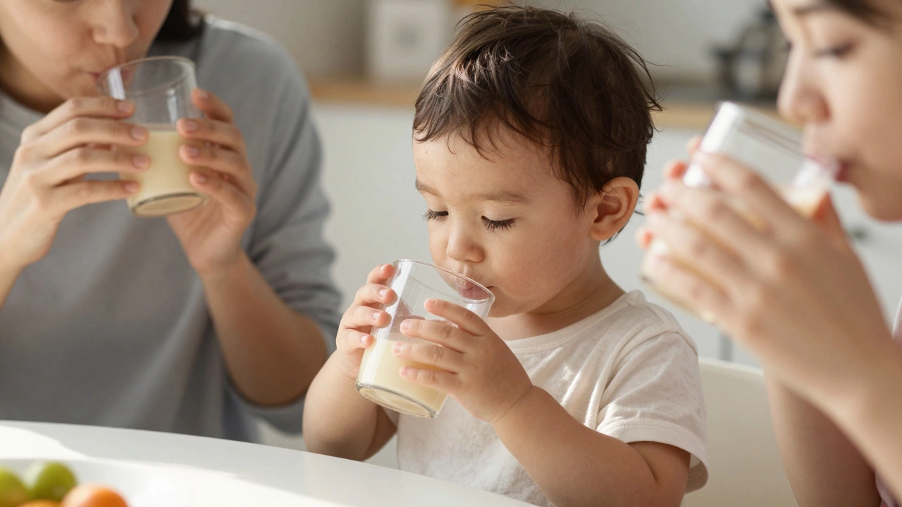 Ребёнок 2 лет самостоятельно пьёт из кружки за обедом, рядом с родителем, без крышки и носика.