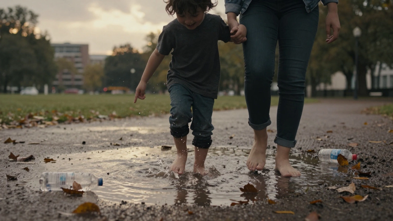 Ребёнок и родитель идут босиком по луже после дождя в парке.