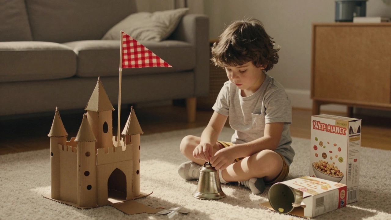 Ребёнок играет с игрушками, сделанными из картонной коробки, банки и ткани, вокруг — творческие поделки.