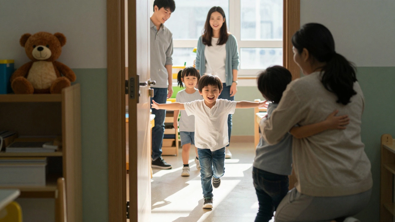 Ребёнок обнимает воспитателя в группе, родитель наблюдает из коридора, любимая игрушка лежит на полке.