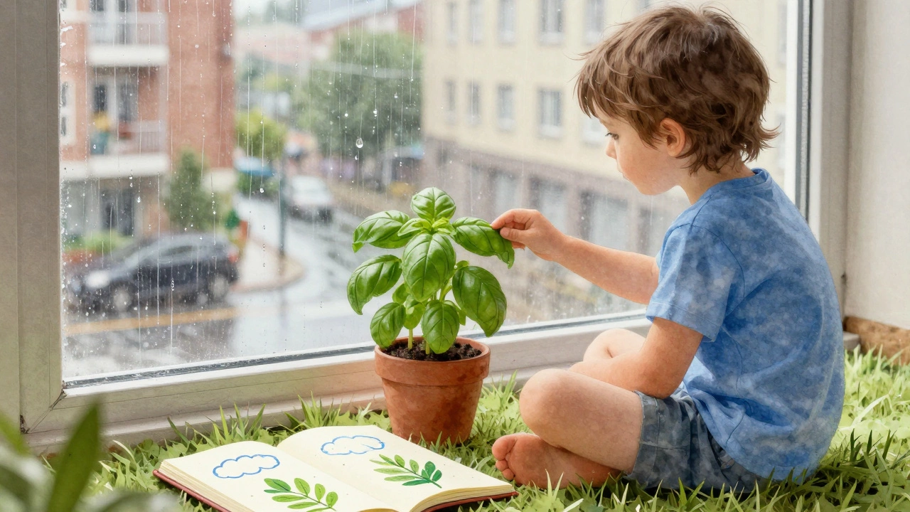 Ребёнок трогает листок базилика на подоконнике, за окном дождь.