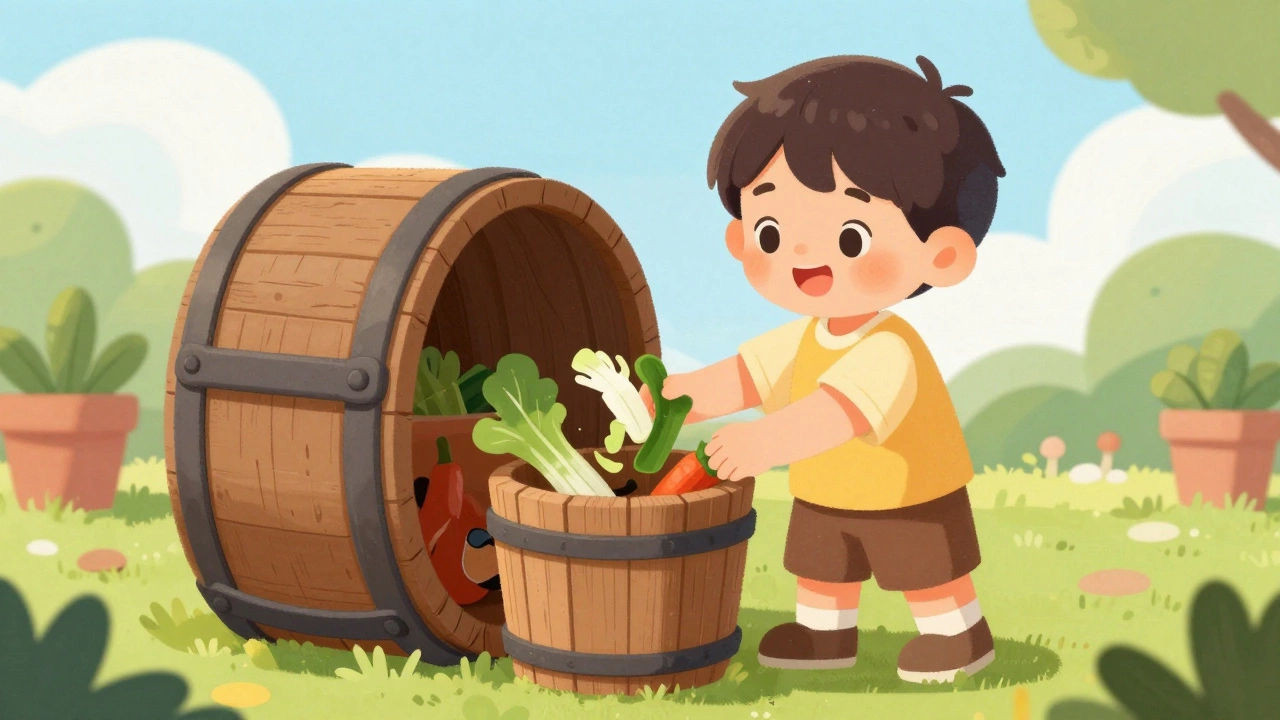 Ребенок выбрасывает остатки еды в компостер.