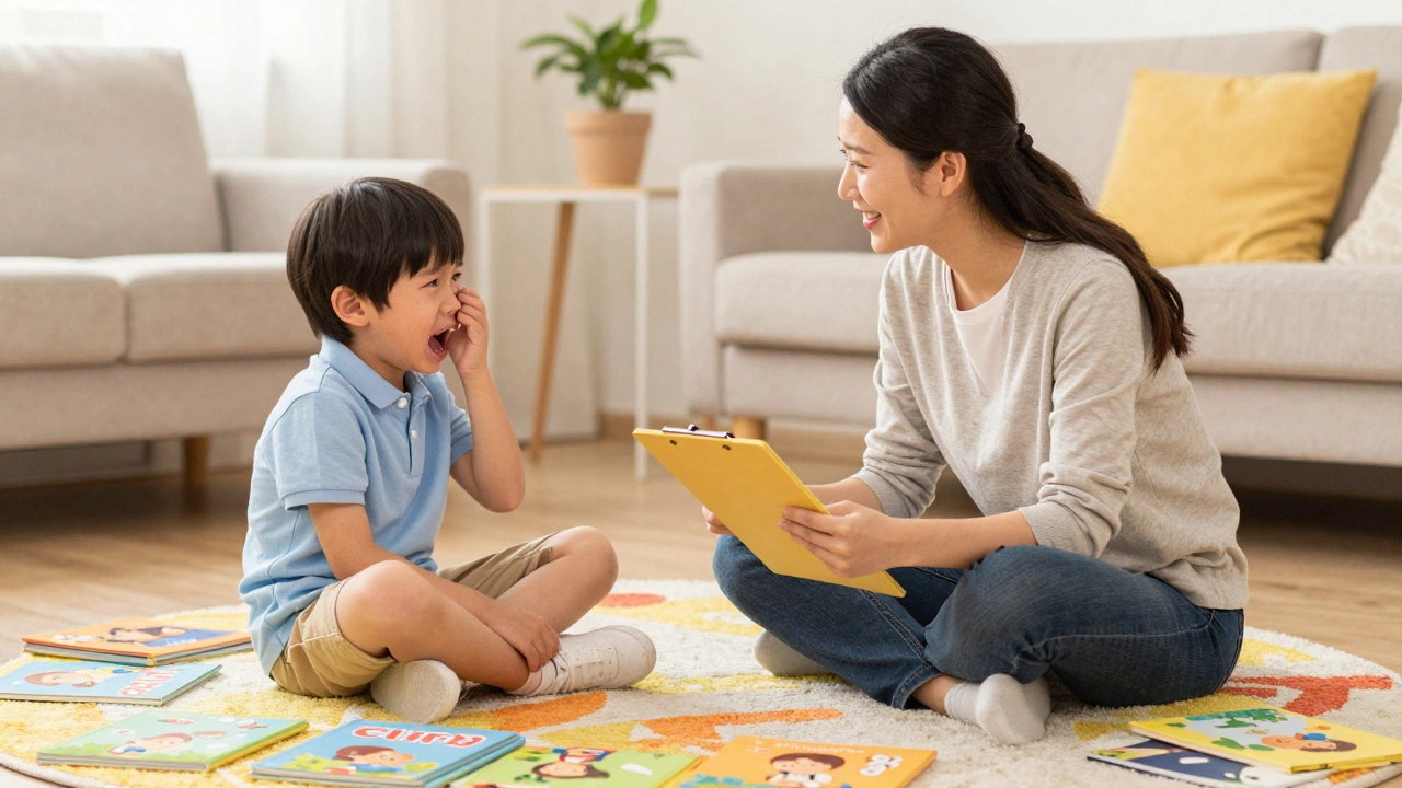 Родитель и ребёнок играют в «детский сад» дома: ребёнок — воспитатель, родитель — плачущий малыш, вокруг книги и игрушки.