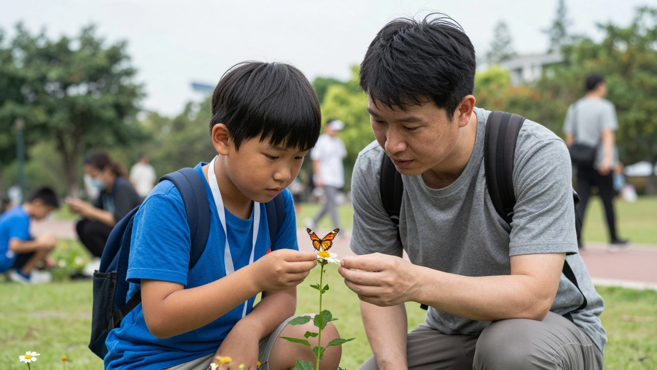 Родитель с ребенком рассматривают бабочку в парке.