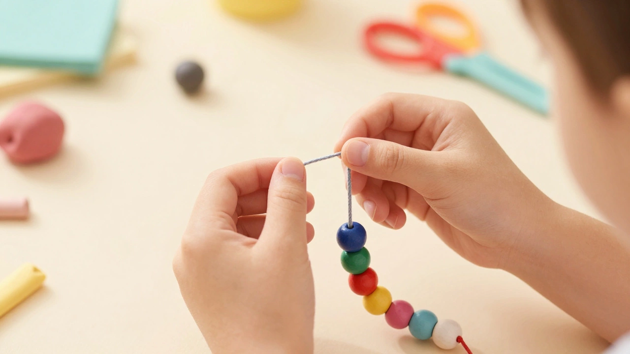 Руки ребенка нанизывают бусины на нитку для развития моторики.