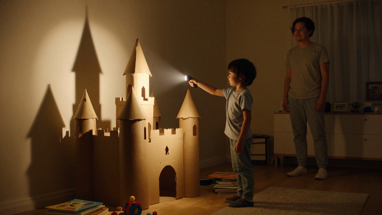 Шестилетний ребёнок создаёт теневой театр из картонного замка при свете фонарика