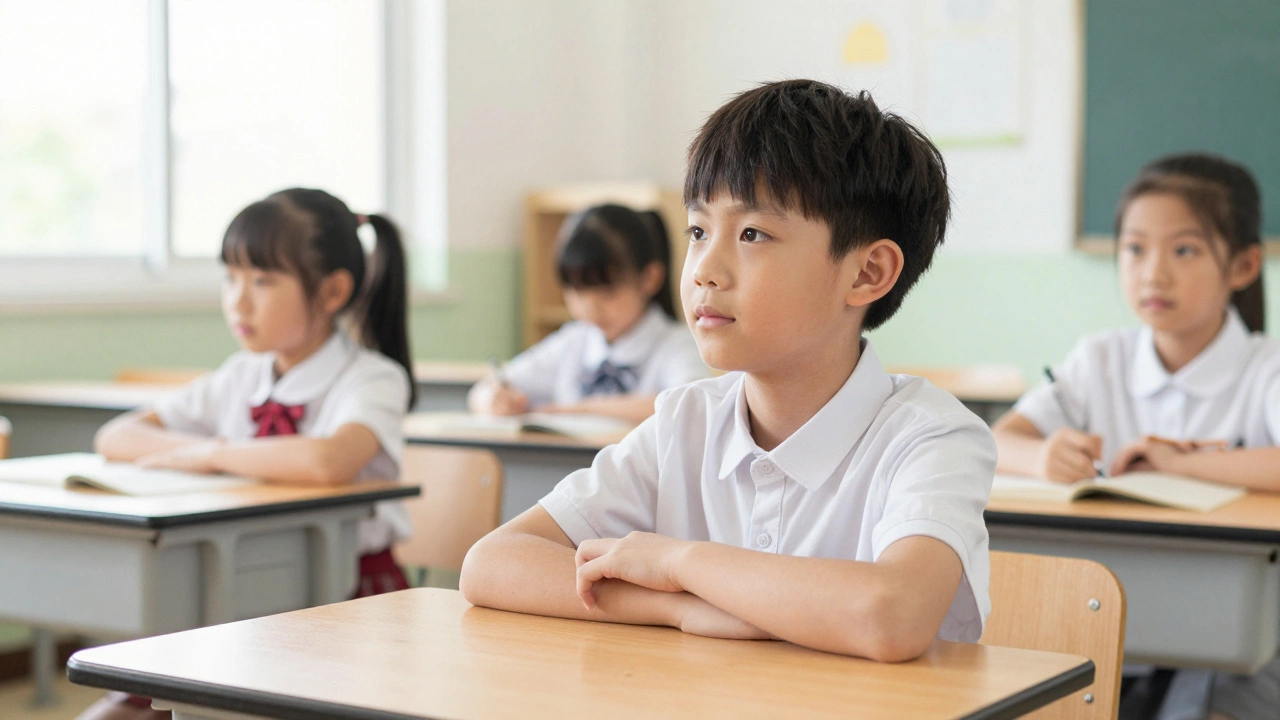 Ученик сидит за партой в классе и внимательно слушает учителя.