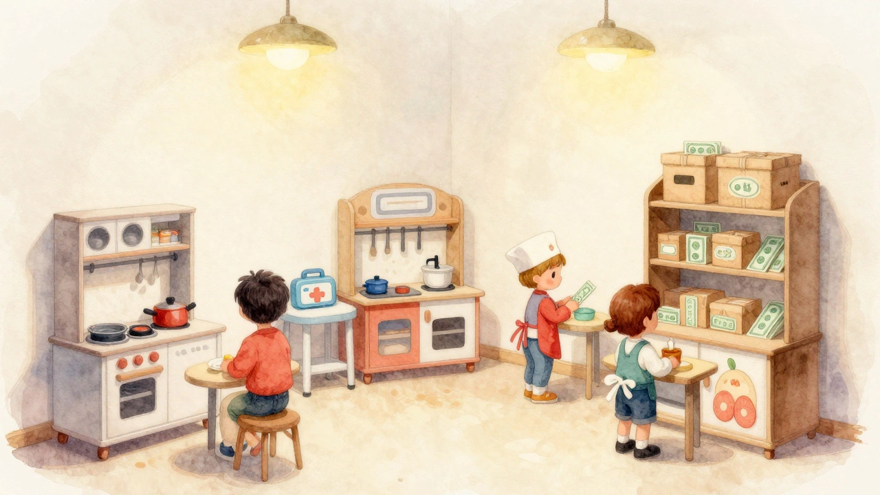 Уголок ролевых игр с игрушечной кухней и аптечкой для дошкольников