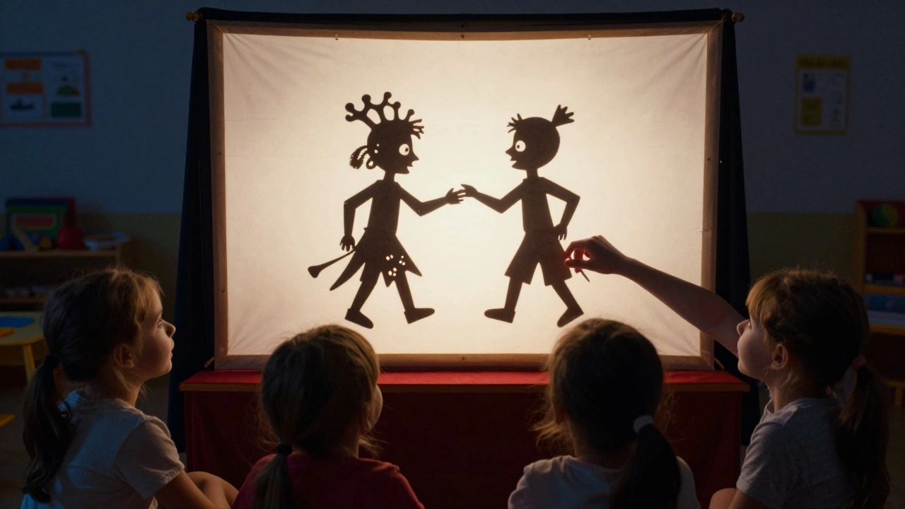 Дети с интересом наблюдают за представлением театра теней в уютной комнате