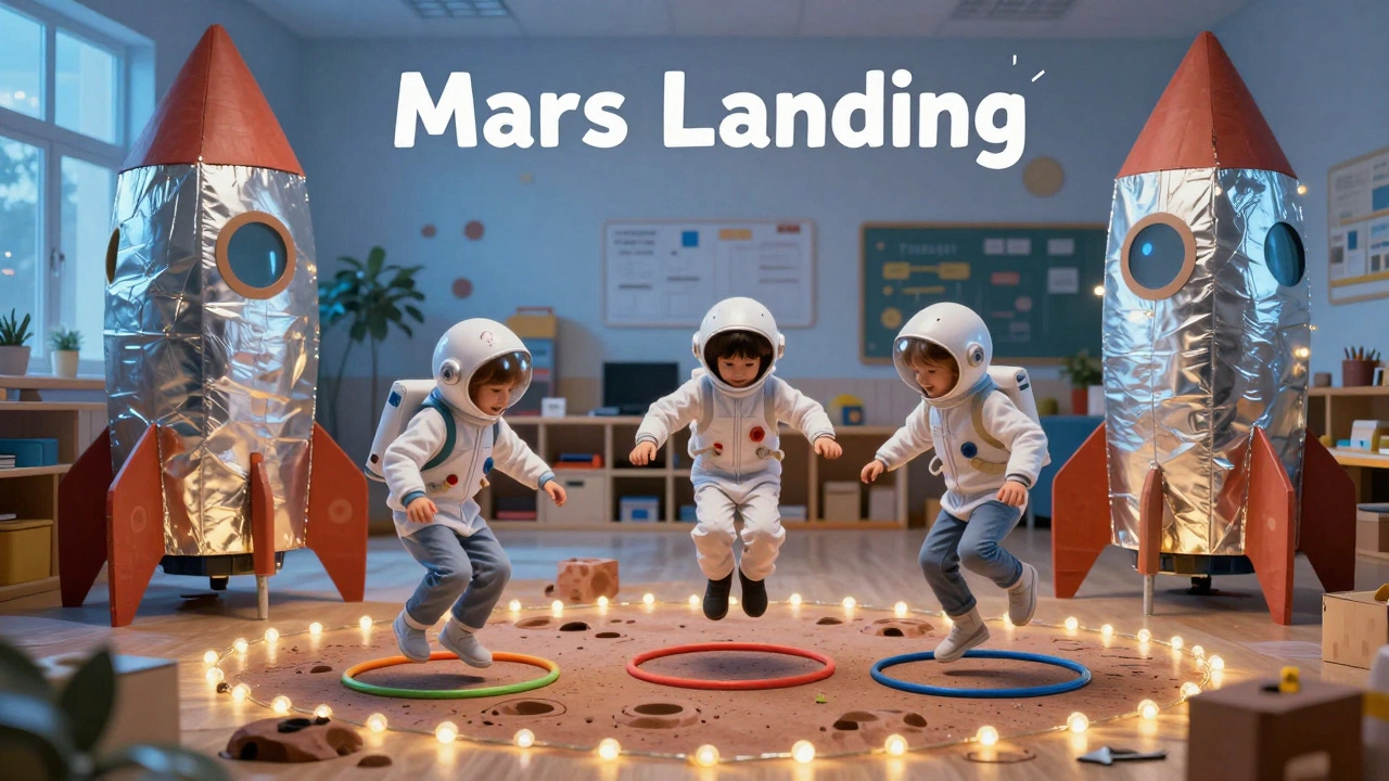Дети в костюмах космонавтов прыгают через обручи-кратеры в классе