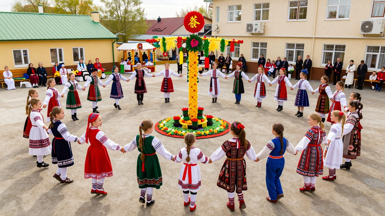 Дети в народных костюмах танцуют хоровод на празднике Масленицы