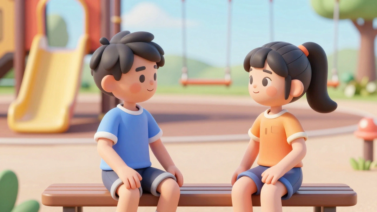 Двое детей договариваются о правилах игры на скамейке в парке