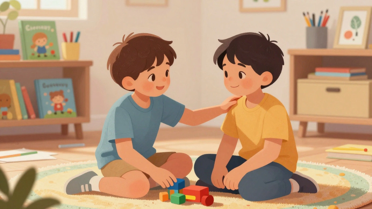 Двое детей дружелюбно делятся игрушкой на ковре