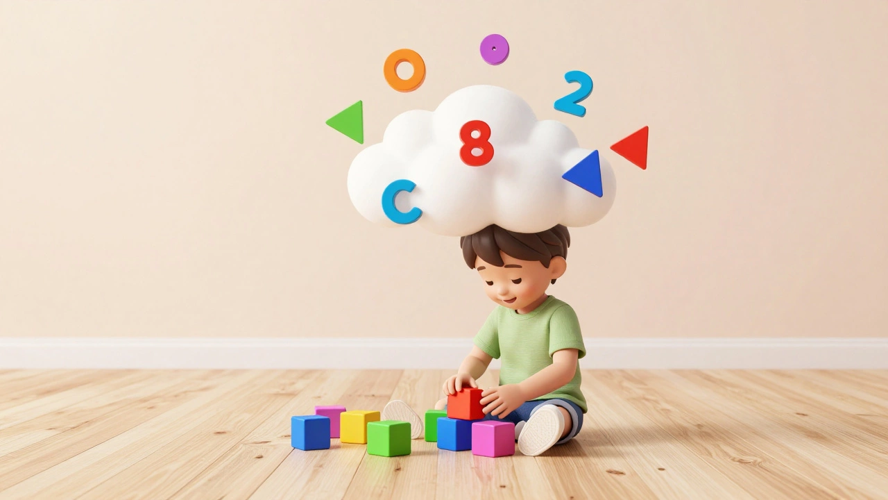 Ребенок играет с разноцветными геометрическими фигурами и цифрами