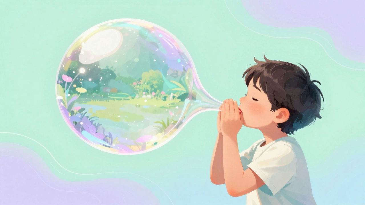 Ребенок представляет, как надувает огромный мыльный пузырь для успокоения
