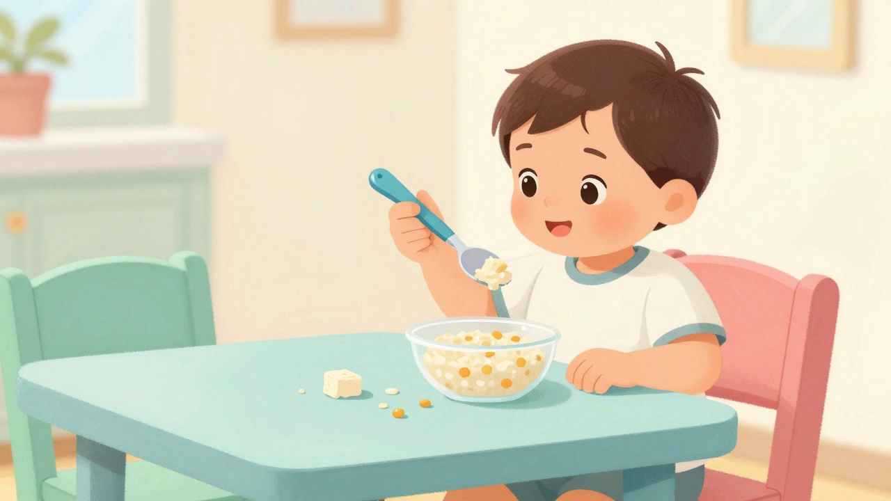 Ребенок учится есть ложкой, сидя за маленьким ярким столом