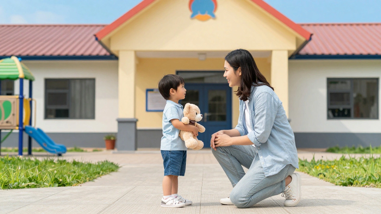 Родитель прощается с ребенком у входа в детский сад
