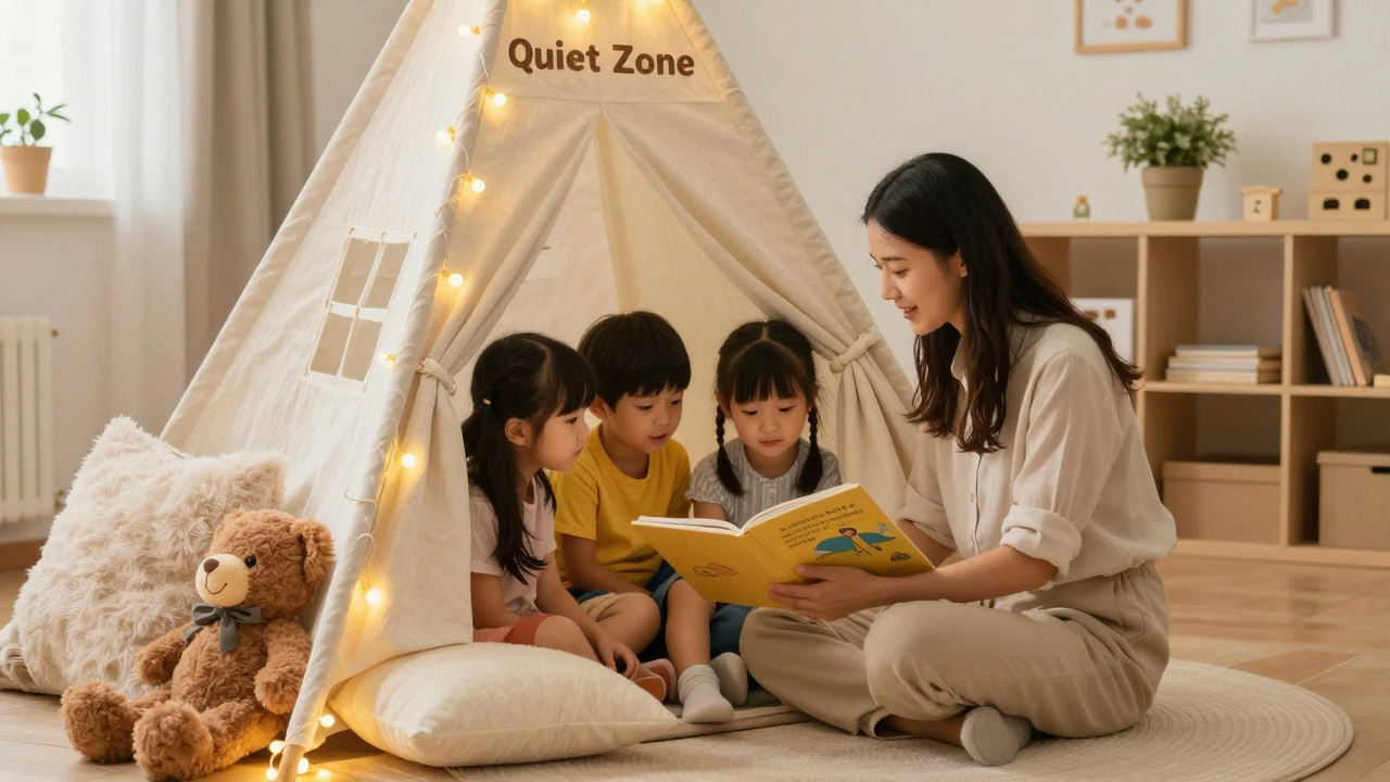Уютный уголок с палаткой и подушками, где дети слушают сказку