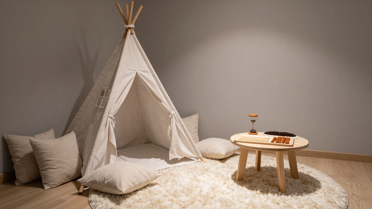 Уютный уголок тишины в детском саду с шатром, подушками и песочными часами