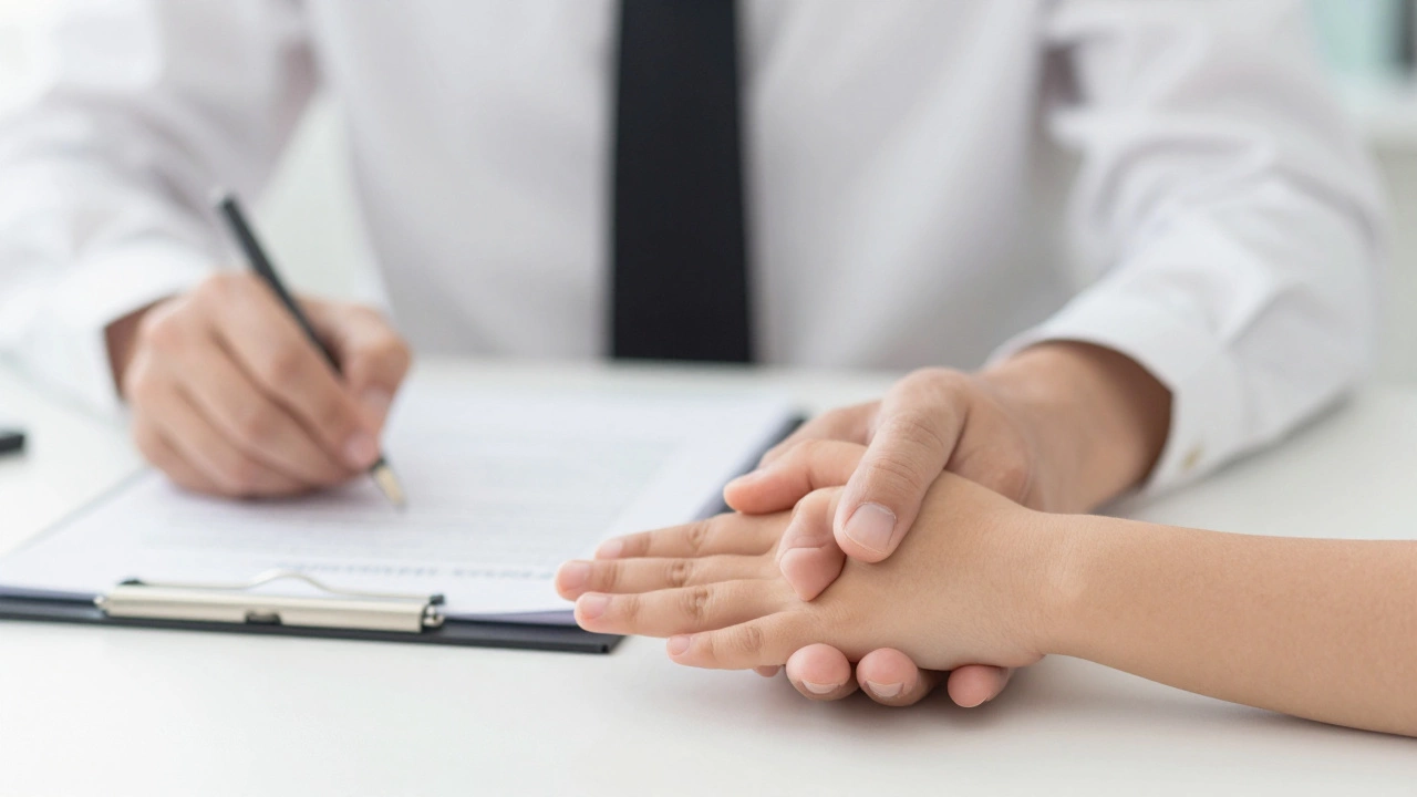 Взрослая рука бережно держит руку ребенка на фоне документов