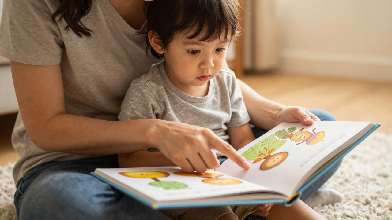 Родитель читает книгу ребенку на ковре при теплом свете